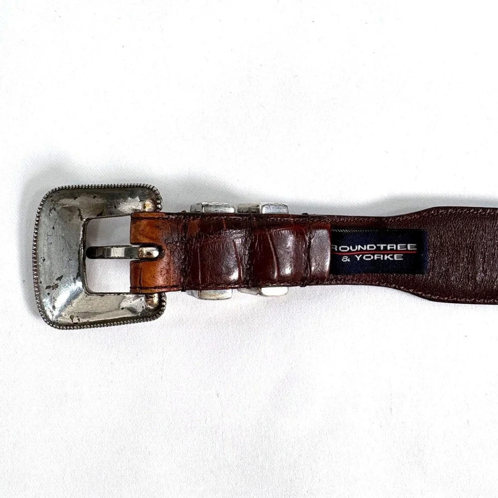 Roundtree & Yorke Belt Brown Croc Embossed Leather Western Silver Hardware 56